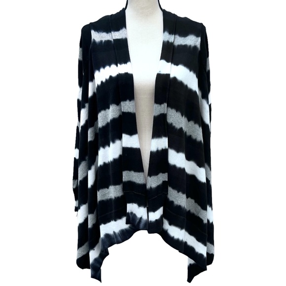 MICHAEL MICHAEL KORS BLACK, WHITE & GRAY STRIPED OPEN FRONT KNIT CARDIGAN - Picture 1 of 12